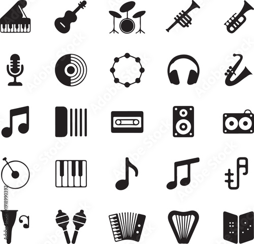black musical icons on white background