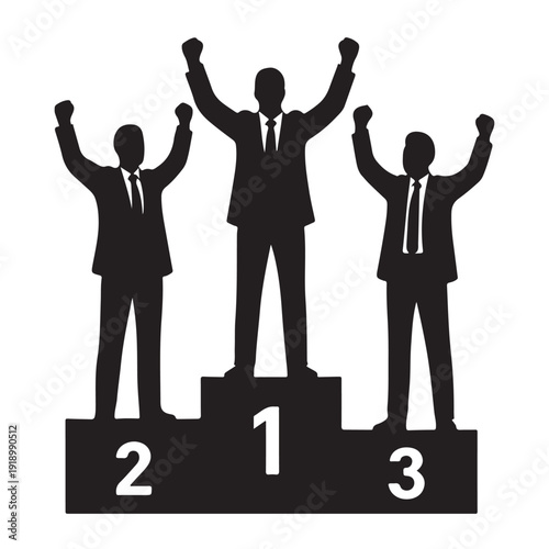 Three successful businessmen standing on a winners podium with arms raised in victory