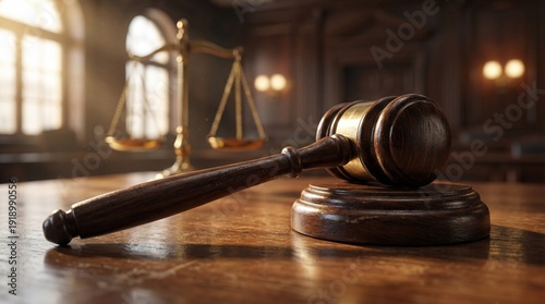 Judge Gavel on Wooden Desk in Courtroom Symbolizing Justice and Legal Decision, court trial, justice concept, legal system, law concept, courtroom scene, judge gavel, legal decision, law and order.