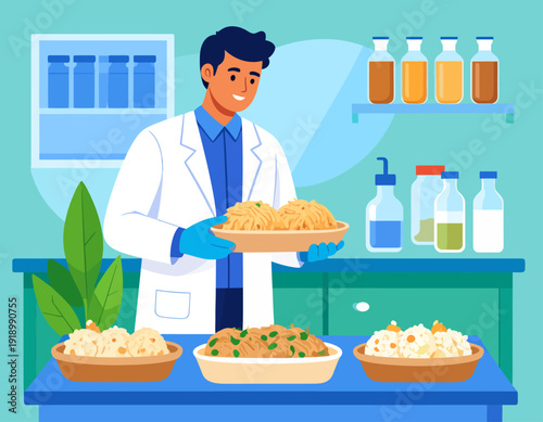 Scientist in lab coat presenting a plate of synthetic lab-grown food for sustainable future nutrition and biotechnology.