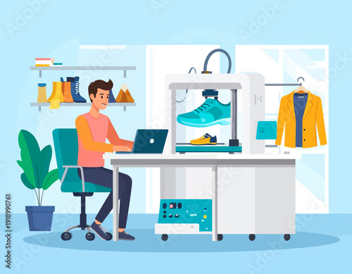 Technician using a large industrial 3D printer for rapid prototyping of garments in a modern technology workshop.