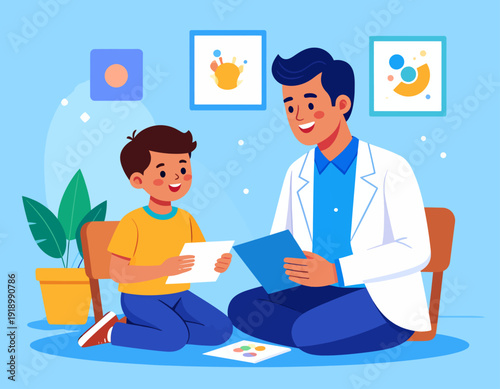 Child psychologist or doctor sitting on the floor with a young boy during a creative pediatric therapy session.