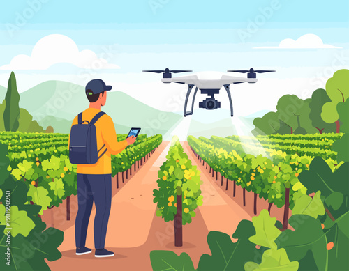 A person operating a drone over rows of grapevines in a vineyard, illustrating modern agricultural technology.