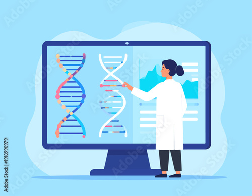 A scientist analyzing DNA and genetic data on a large computer screen, illustrating bioinformatics and genetic research.