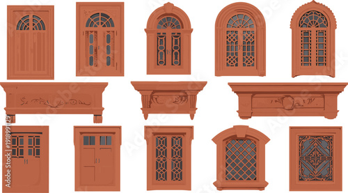 Set of ornate classical wooden window frames and architectural balcony railings in brown clay tones for vintage building restoration and historical house design branding