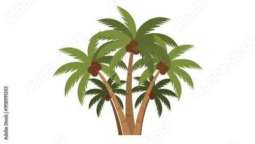 Illustration of a palm tree with green leaves and brown coconuts against a white background.