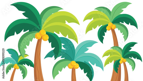Illustration of a group of colorful palm trees with coconuts on a white background in a flat, cartoon style with a tropical feel.