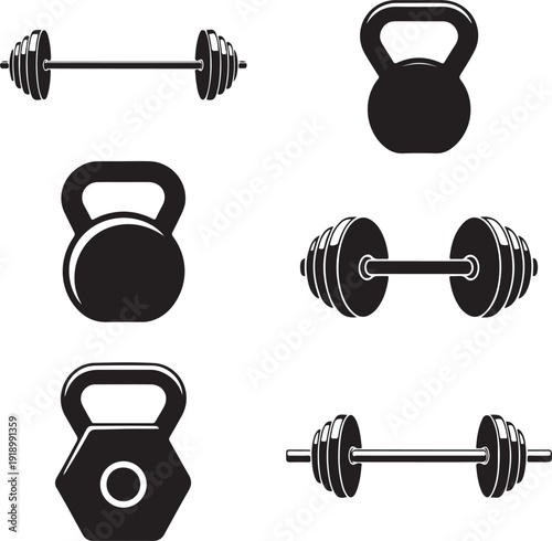 black silhouette fitness equipment icons on white background