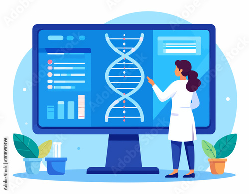 A female scientist in a lab coat analyzing DNA structure and genetic data on a large computer screen in a laboratory setting.