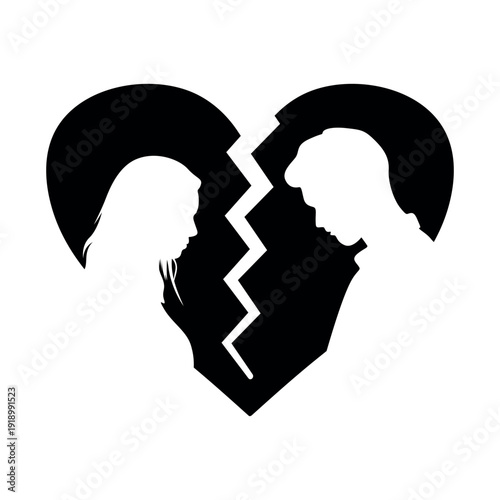 Black silhouette of broken heart with couple facing away, symbolizing separation. man and woman silhouettes