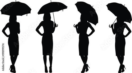 Vector, black, silhouette, set, of, elegant, young, women, posing, with, umbrellas, for, rain, protection, fashion, modeling, lifestyle, and, retail, design, elements, isolated, on, whit