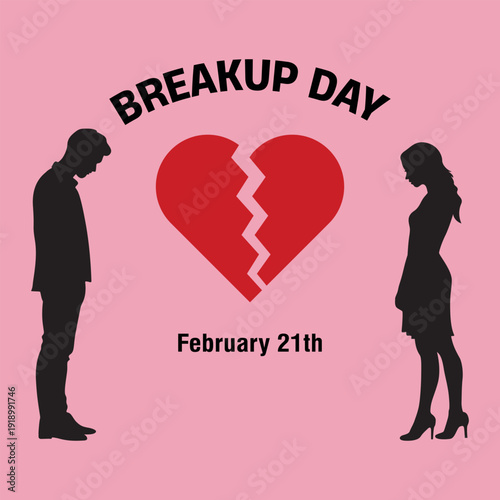 Breakup Day February 21st with couple and broken heart on pink background. man and woman silhouette