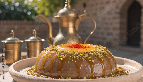 Aseeda (Asida) Traditional Omani Sweet Dessert with Honey and Pistachios, Authentic Middle Eastern Food Photography, Rustic Outdoor Setting