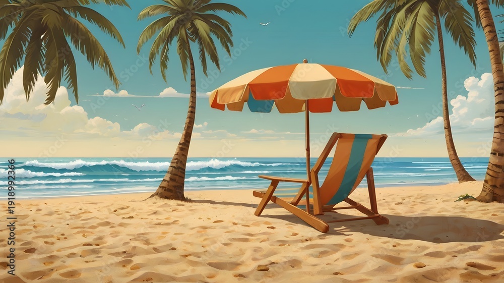 Fototapeta premium Relaxing beach scene with palm trees and colorful umbrella