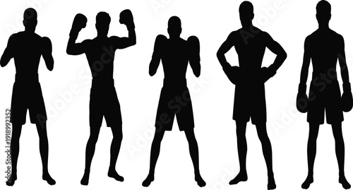 Vector, black, silhouette, set, of, professional, male, boxers, in, various, fighting, and, standing, poses, for, boxing, gym, competition, and, sports, training, design, elements