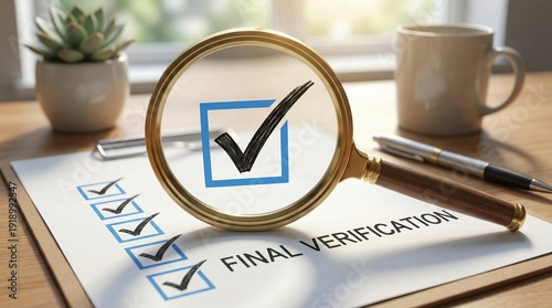 Document Verification Concept with Magnifying Glass and Check Mark for Business Compliance and Approval, document verification, approval concept, compliance concept, business rules, company policy.