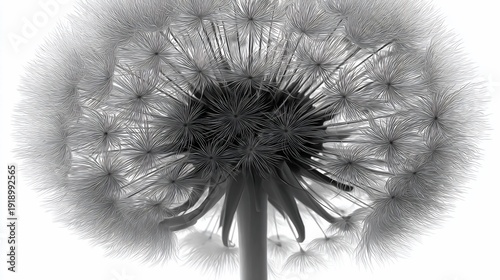 Black and white macro shot of a fluffy dandelion seed head against a stark white background