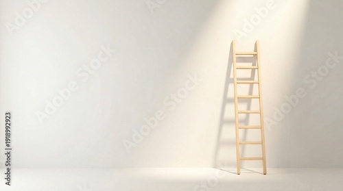 Fotografie Wooden ladder leaning against a plain wall with soft sunlight and shadow