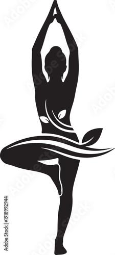 Silhouette of a person performing a yoga pose with a tree in the background