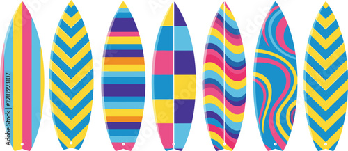 Colorful surfboard collection with abstract geometric and wave patterns summer beach sport vector illustration set