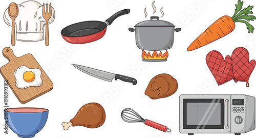 Cooking kitchen elements collection with frying pan boiling pot chef hat knife carrot chicken and microwave vector set