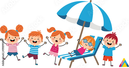 Happy children playing on summer beach with sun umbrella deck chair and funny cartoon kids vector illustration