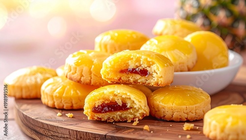 Delicious pineapple jam filled cookies on a wooden board with a bowl of cookies in the background
