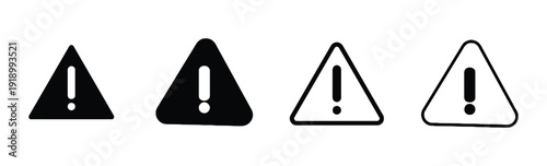Collection of warning sign icons with exclamation mark inside triangle shape, solid and outline styles