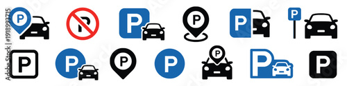 Comprehensive collection of parking area symbols and no parking prohibition signs