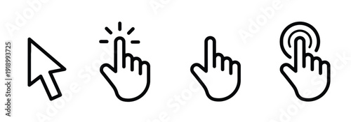 Computer cursor hand pointer icons set showing click and touch actions for web design and interface