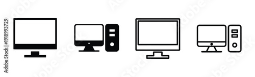 Computer icons set representing desktop PCs, technology, and office equipment
