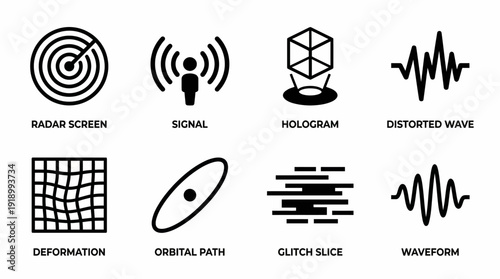 Futuristic Signal and Distortion Icons Vector – Stylized Symbols of Radar, Hologram, Waveform, Grid, and Orbital Path for Sci-Fi, Tech, and UI Design Projects