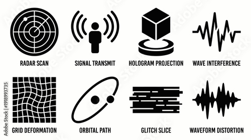 Futuristic Signal and Distortion Icons Vector – Stylized Symbols of Radar, Hologram, Waveform, Grid, and Orbital Path for Sci-Fi, Tech, and UI Design Projects
