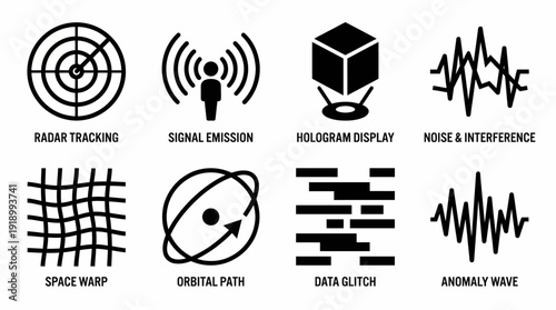 Futuristic Signal and Distortion Icons Vector – Stylized Symbols of Radar, Hologram, Waveform, Grid, and Orbital Path for Sci-Fi, Tech, and UI Design Projects