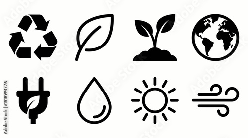 Environmental Icons Vector – Stylized Symbols of Recycling, Leaf, Seedling, Earth, Plug, Water Drop, Sun, and Wind for Eco, Nature, and Green Design Projects