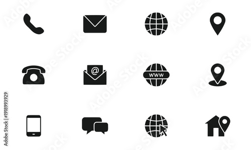 Contact icons including phone email web location and message symbols in various styles