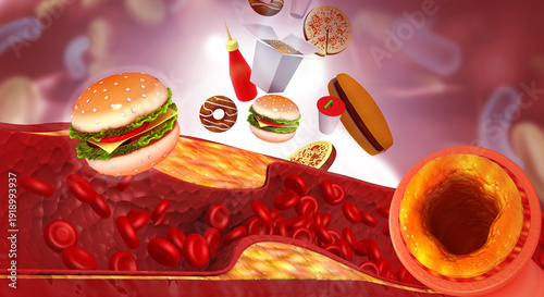 Wallpaper Mural Cross-section of an artery blocked by cholesterol plaque surrounded by greasy junk food, illustrating cardiovascular health risks. 3d illustration Torontodigital.ca