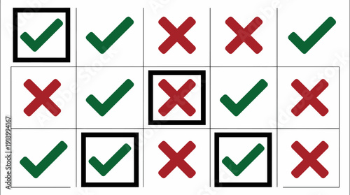 Checkmark and Cross Grid Vector – Stylized Icons of Yes and No Symbols in a Matrix for Decision Making, Evaluation, and Task Management Design Projects