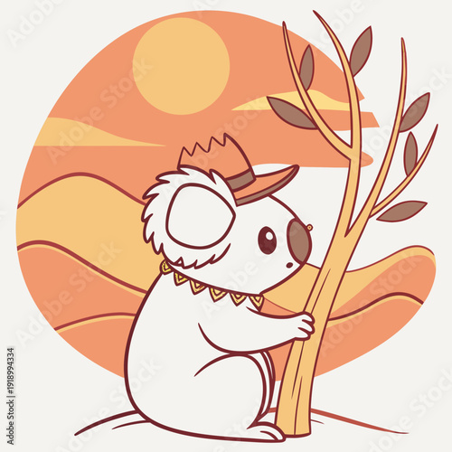 Playful Bashful Koala design, styled with with a tiny crown and Sundown Glow shades in a Desert sunset setting