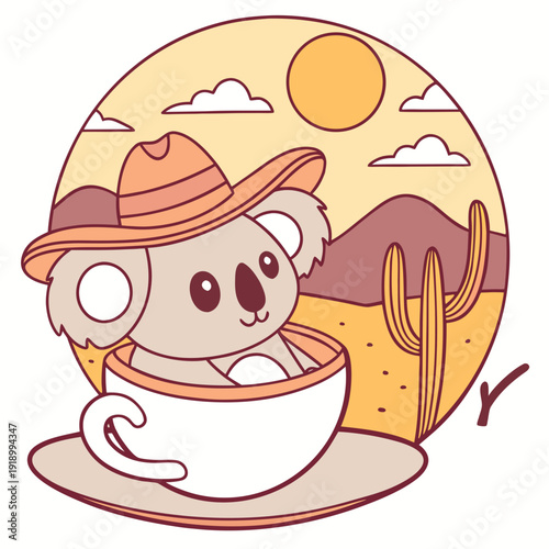 Delightful Funny Koala in a Desert sunset scene with in a teacup – Sundown Glow vector illustration
