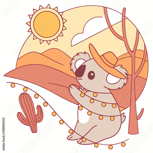 Cute Loving Koala, accessorized with wrapped in fairy lights, in a Desert sunset world – Sundown Glow palette vector