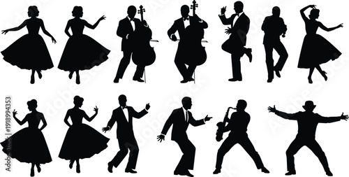 Jazz musicians and dancers silhouettes set featuring saxophone player, double bass artist and retro swing performers in black and white vector illustration