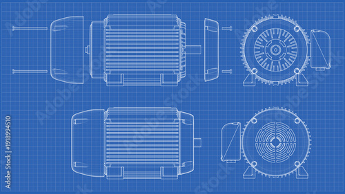 Industrial Electric Motor - Exploded View. Technical drawing. 3D rendering isolated on blue background. 3D Mesh, Sketch, Blueprint, Vector style or Drawing. Ideal for educational, engineering