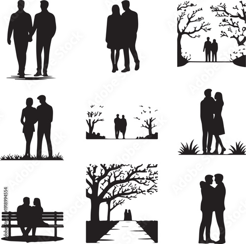 black silhouettes of couples in various romantic poses and settings