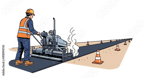 Road Worker Operating Asphalt Paver Machine.