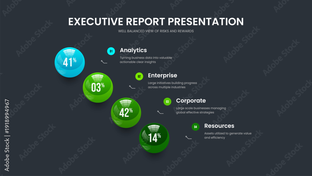Naklejka premium Service Profile Slide Template Vector Illustration. Simple Forecast Four Option Infographic Slideshow Layout. Marketing Visualization 4 Element Graph Presentation Design.