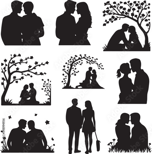 black silhouettes of couples in various romantic poses and settings
