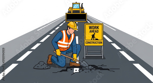 Road Worker Repairing Asphalt on Highway.