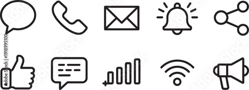 Communication line icon set. Includes chat, phone, email, notification, network, thumbs up, message, signal, and megaphone symbols. Created in minimal line style with black and white palette