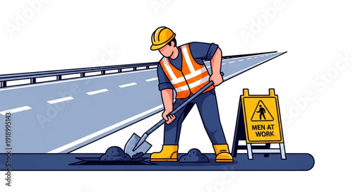 Road Worker Repairing Highway Surface.
